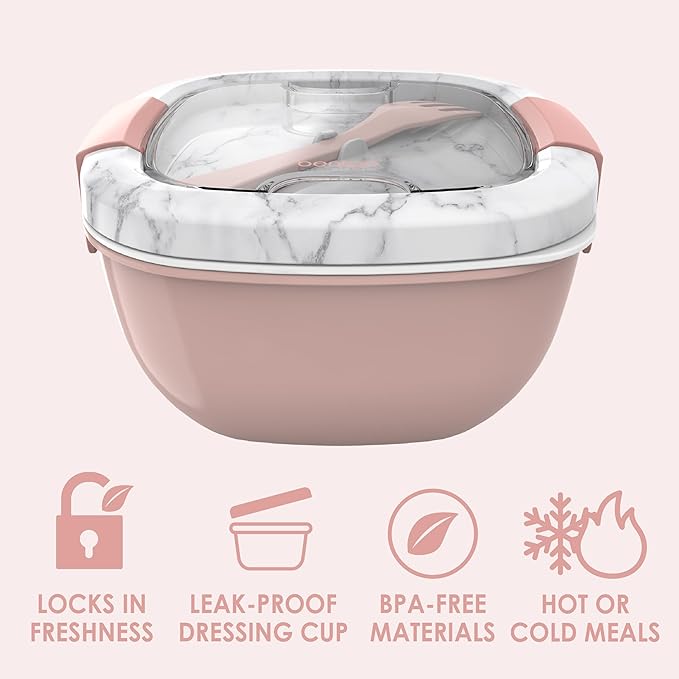 Bentgo Salad Container - 54 oz Bowl with 4-Compartment Toppings Tray, Dressing Container, Reusable Fork, BPA-Free Lunch Box for Meal Prep & Food Storage; Removable Bento Tray (Blush Marble)