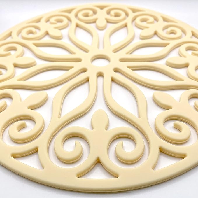 3 Set Silicone Trivet Mats with 1 Extra Large Included | Intricately Carved Insulated Flexible Durable Non Slip Thick Round Premium Trivets for Hot pots and Pans | Beige Milkshake (Faded Yellow)