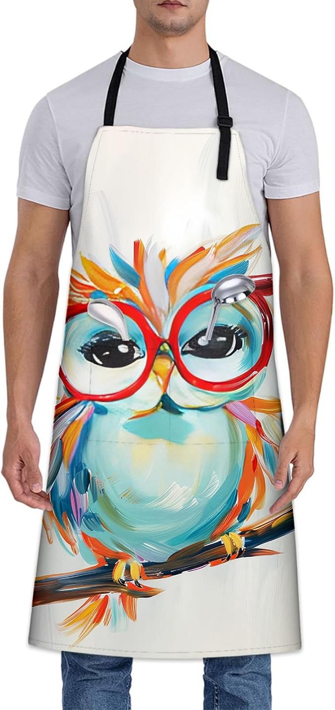 Colorful Owl Apron, Adjustable Kitchen Whimsical Design Aprons with Pockets for Cooking BBQ Gardening, 28×33 IN, Holiday Gifts for Women Men Wife, for Chef Baking, Oxford Fabric