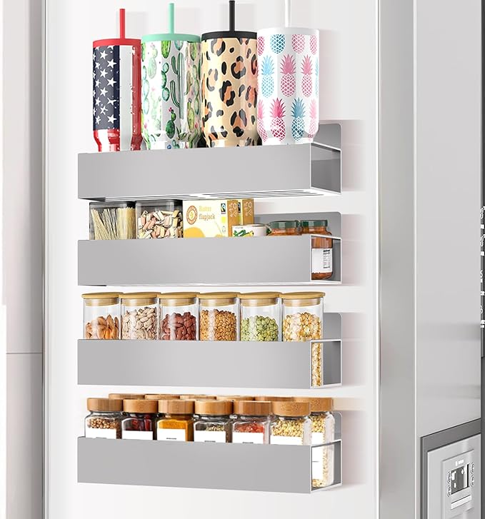 Magnetic Spice Rack for Refrigerator Seasoning Organizer for Spice Fridge Shelf storage Magnetic Shelf with Hook for Oven (4pack-Grey)