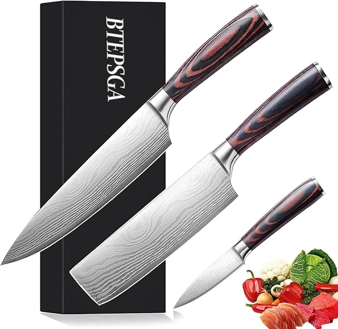 3 PCS Japanese Chef Knife Set – High Carbon Stainless Steel Nakiri Knives, Ultra Sharp Chef Knives, Multi-purpose Kitchen Knives for Precise Cutting, with Stylish Gift Box