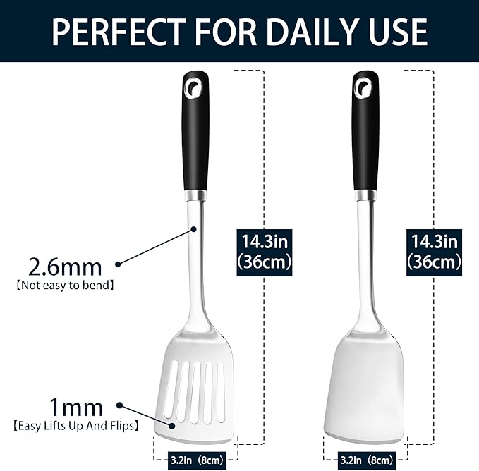 14.3-in Spatula Set, 18/0 Stianless Steel Heavy Duty Turner & Slotted Spatula, Kitchen Cooking Utensils Set, High Heat Resistant, Grilling Frying Serving Food, Pack of 2