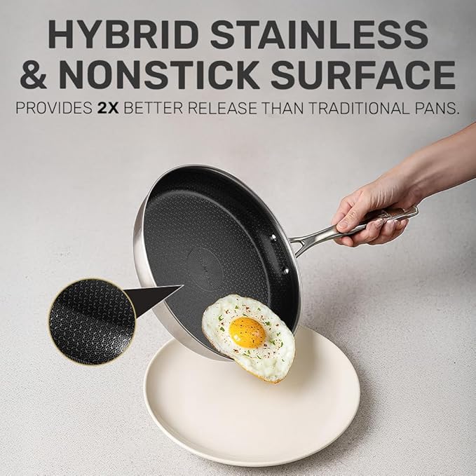 Gotham Steel Hybrid 3pc Stainless Steel Non Stick Frying Pans Set, 8 10 12 inch Ceramic Frying Pan Skillet Set, Induction Ready, Made without PFAS & PFOA, Oven and Dishwasher Safe - Black