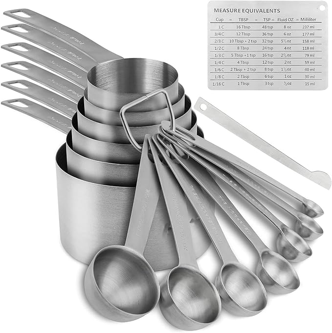 Smithcraft Measuring Cups and Spoons Set 15, Metric & US 18/8 Stainless Steel Measuring Cups and Spoons Set for Baking & Kitchen, 6 Measure Cups & 7 Spoons Leveler & Measure Equivalents for Dry&Liquid