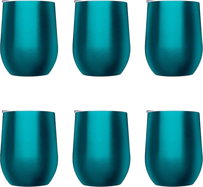 DISCOUNT PROMOS Stemless Wine Glass Tumblers with Lids by Largo 11 oz. Set of 6, Bulk Pack - Perfect for Wine, Cocktails, Other Hot & Cold Beverages - Teal