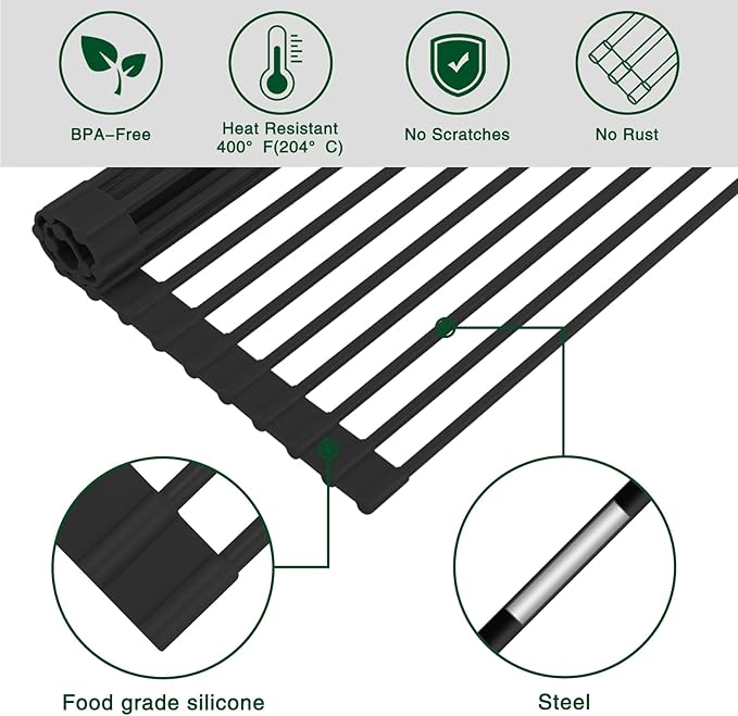 Roll Up Dish Drying Rack Over The Sink Kitchen Roll Up Sink Drying Rack Multipurpose Foldable Sin Drying Mat, Heat-Resistant, Anti-Slip & Anti-Rust Dish Rack for Kitchen, 20.5" x 13", Black