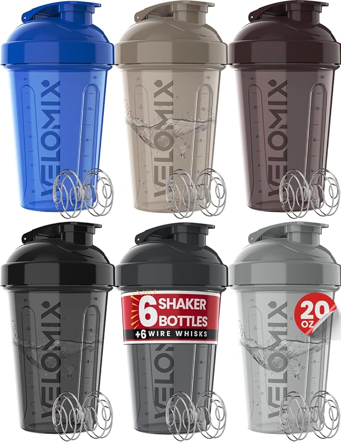 VELOMIX -6 PACK- Shaker Cups for Protein Shakes 20 oz - 6x Wire Whisk | Leak Proof Protein Shaker Bottle for Protein Shakes, Shaker Bottle Pack for Pre & Post Workout, Shaker Cup (Modern Neutrals)