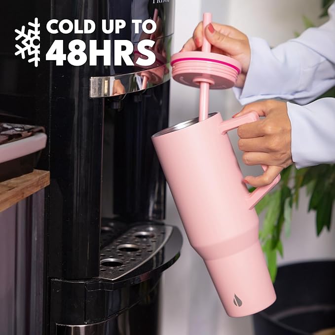 Elemental 40 oz Tumbler with Handle and Straw - Spill Proof Insulated Stainless Steel Commuter for Hot and Cold Beverages - Travel Coffee Mug with 2 Straws & Spill Proof Lid - 40oz - Rose