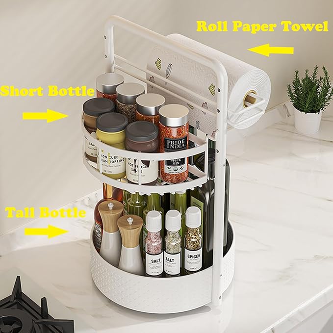 JEESA Lazy Susan Organizer, 360° Rotating Metal Spice Rack with Paper Towel Holder, Turntable Spice Holder for Condiments, Bottles, Jars, Suit for Kitchen Countertop & Cabinet, White