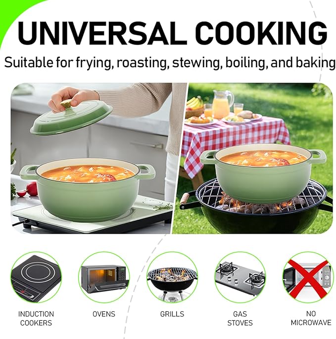 ROVSUN 5 Quart Enameled Cast Iron Dutch Oven with Lid, Dual Handles, Oven Safe up to 500°F or on Stovetop, Compatible for Braising, Stews, Roasting, Bread Baking- Sage Green