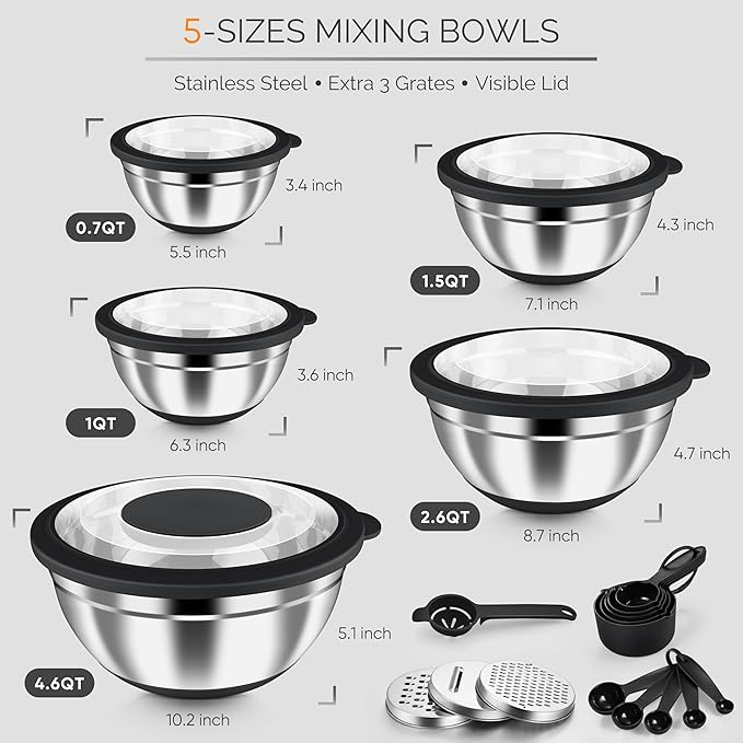 HaWare Mixing Bowls, 24-Piece Stainless Steel Salad Serving Bowl with Airtight Clear Lids, Metal Nesting Bowl For Kitchen Cooking Prepping Storing with 3 Graters, 4.6/2.6/1.5/1/0.7 QT, Black
