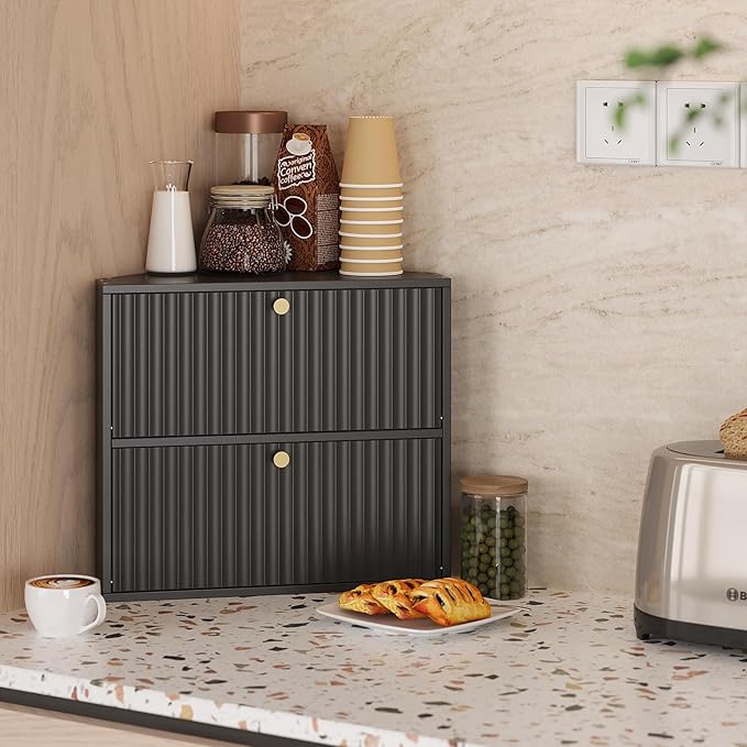 Corner Bread Box for Kitchen Countertop Bamboo Two Layer Large Capacity Bread Storage Bin Vintage Storage for Homemade Bread (Black)