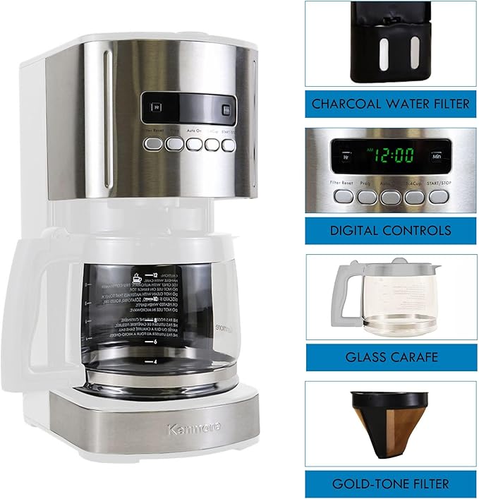 Kenmore Drip Coffee Maker - 12 Cup Programmable Cafe Machine With Glass Pot, Regular & Bold Brew, Auto Shut Off Large Water Reservoir, Reusable Filter, Kitchen Appliances For Cafeteria Barista, White
