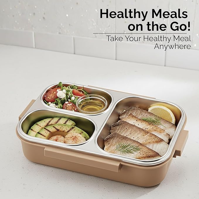 304 Stainless Steel Bento Lunch Box for Adults & Kids, 25 Oz Leakproof Metal Food Container with 3 Compartments, BPA-Free, Reusable&Dishwasher Safe, Fix for School,Office,Picnic,Travel(Khaki)