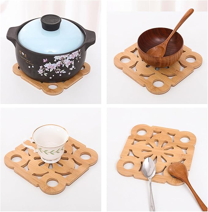 Premium Bamboo Wood Pot Holders for Kitchen - Set of 4 Sturdy Heat-Resistant Pads & trivets for hot Dishes, pots 、 Pans 、teapot(7.4x7.4 inches) with Handy Storage Stan