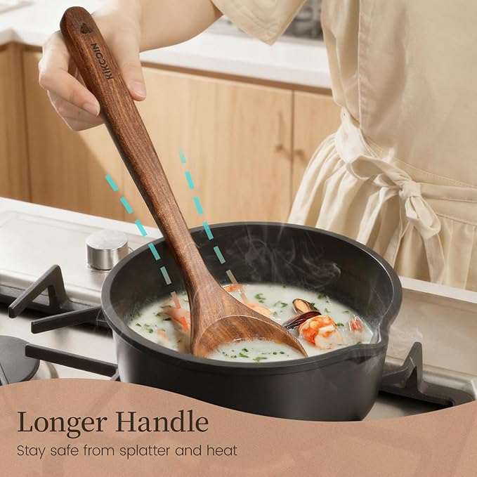 Kikcoin Wood Kitchen Utensils Set, 10 PCS Solid Teak Wooden Spoons for Cooking with Long Handle Heat-Resistant Wooden Cooking Utensils Set for Non-stick Cookware Including Hanging Hole