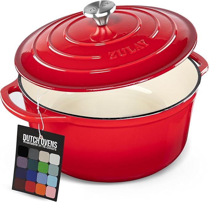 Zulay Kitchen 7.7 Quart Enameled Cast Iron Dutch Oven Pot with Lid – Premium Durability & Oven Safe up to 500°F – Heavy Duty Cookware Perfect for Bread Baking, Stews, Braising & Roasting – Red