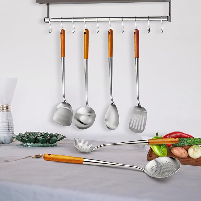 16.6 inch Stainless Steel Kitchen Utensils Set with Wood Handle, 6pcs Long Metal Cooking Utensils Set for Commercial Includes Wok Spatula, Ladle, Skimmer, Slotted Turner, Spoon(Large)