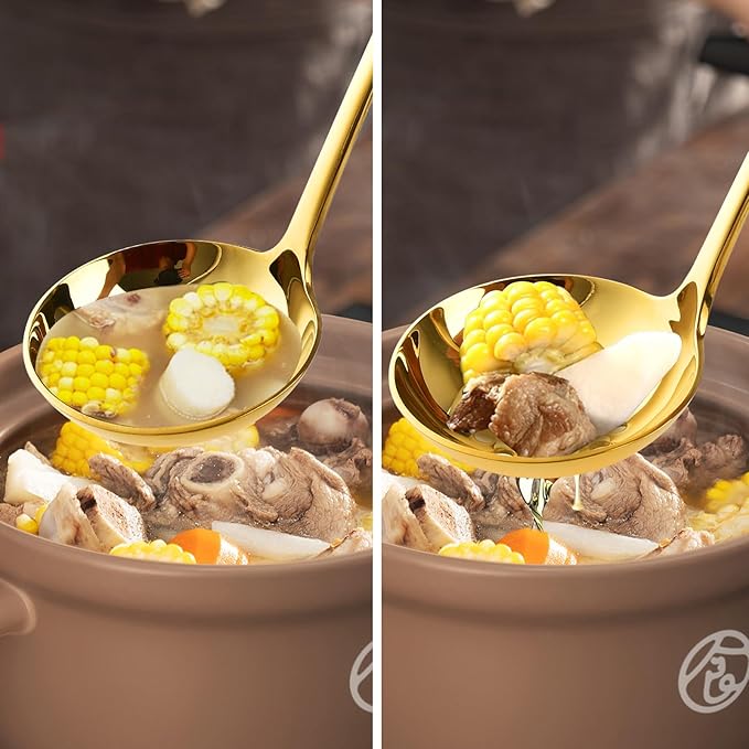 7.9 Inch Gold Small Ladle, 2 Pcs Gold Slotted Spoon Soup Ladle Set, Stainless Steel Small Ladles for Serving Sauce, Soup, Vegetables, Gold Metal Soup Ladle for Buffet, Party, Kitchen