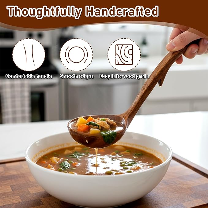 3 Pack Wooden Ladle for Soup, 3 Size Non-Stick Wood Spoons Scoop with Back Hooks Heat Resistant Comfortable Grip Kitchen Utensils Set for Pot Bowl Cooking Serving Stirring