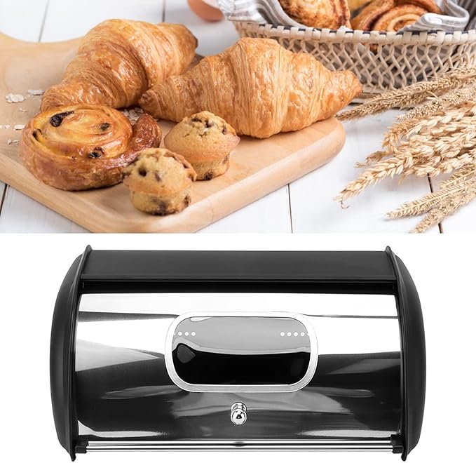 Bread Box, Multifunctional Bread Storage Holder Iron Keep for Home, Stainless Steel Bread Storage Bin with Lid (Black)
