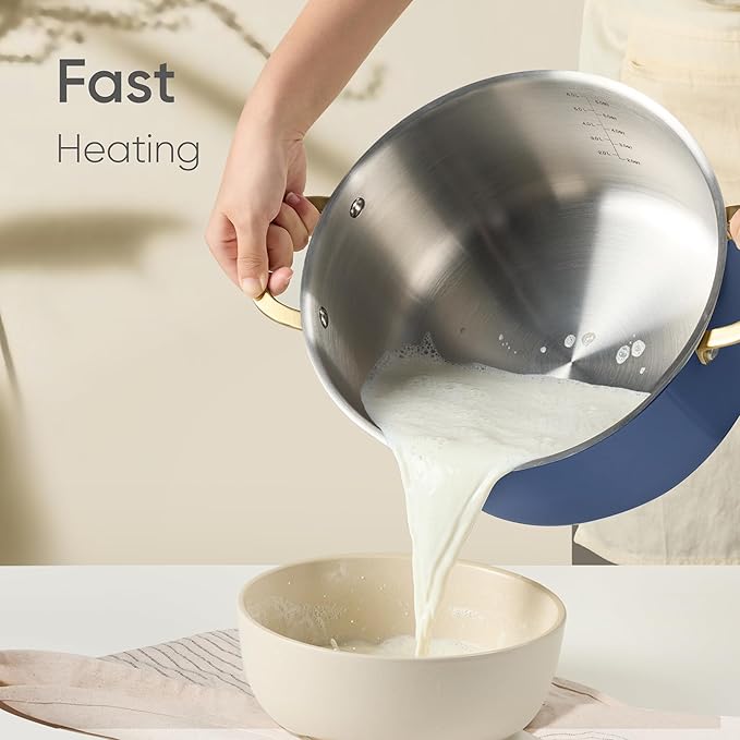 CAROTE 8QT Fully-Clad 3-Ply Stainless Steel Stockpot with Lid Small Kitchen Pot,Outer Ceramic Layer,Even Heating, Fits all stoves,Oven & Dishwasher Safe,Stay Cool Handle,Blue (PFAS/PFOA/PFOS Free)