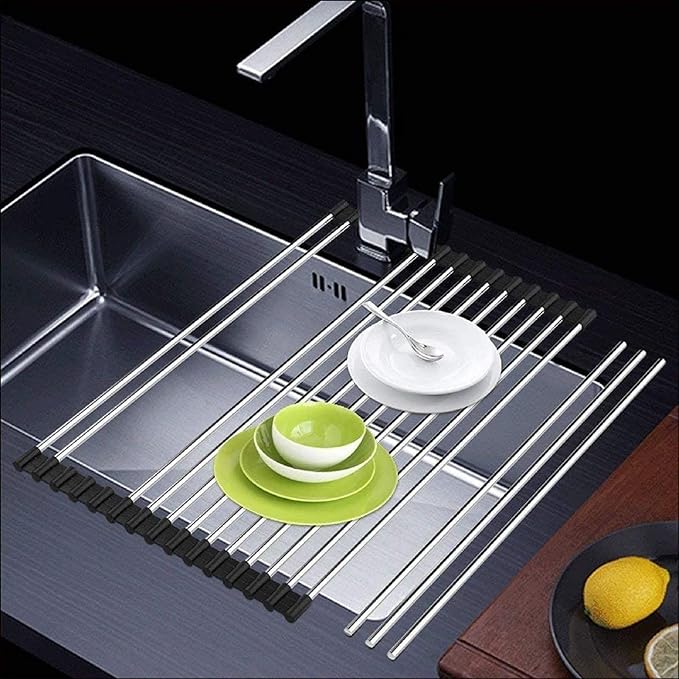 Roll up Dish Drying Rack Over The Sink Portable Stainless Still Rolling Rack Folding Mat for Kitchen Counter (Black, 17.7''LX11.2''W)