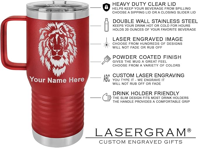 LaserGram 20oz Vacuum Insulated Travel Mug with Handle, Sushi, Personalized Engraving Included (Maroon)
