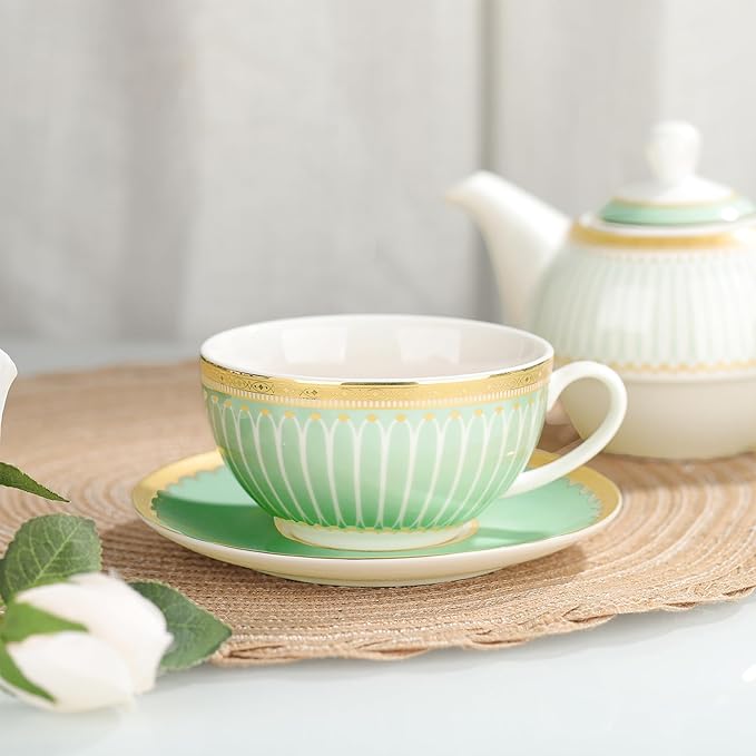fanquare Tea for One with Gold Trim, Green Teapot Set for Adults, Ceramic Coffee Cup with Saucer, Classic Stripes