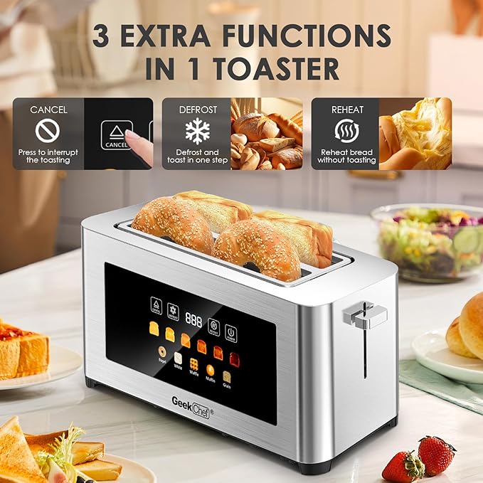Geek Chef Toaster 4 Slice, 1.5" Touch Screen Extra Wide Slots for Bagels & Waffles, 6 Browning Levels, Timer, Reheat, Defrost, Cancel Function, Auto Shut-Off, Removable Crumb Tray, Stainless Steel