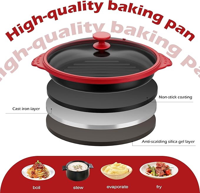 Microwave Grill Pan with Glass Lid, Microwave Griller & Crisper Pan for Grilling, Frying, Browning and Crisping, Multi-Purpose Microwave Cookware for Grill Meat, Sandwich & Vegetable