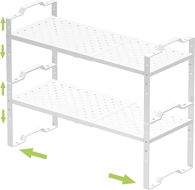 Expandable Shelf for Cabinet Organizer Adjustable Stackable Spice Rack at Kitchen and Bathroom More, Counter Countertop Cupboard Organization Pantry Storage, (2 Packs/White, Large)