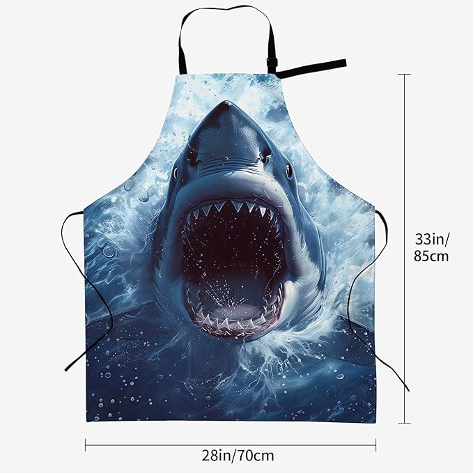 Fierce Shark Print Apron for Women, 28x33in, Kitchen Chef Aprons with 2 Pockets, Polyester, Ocean Shark Apron for Cooking BBQ Baking Gardening Chef, Gifts for Mom Wife Dad