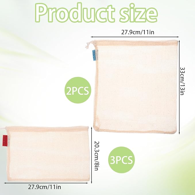 5 Pack Mesh Produce Bags, Reusable Produce Storage Bags Washable Eco Friendly Lightweight Storage Produces Bag Durable Double Stitched with Drawstring Reusable Food Storages Bag for Fruit Vegetable