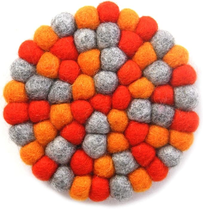 Global Crafts Hand Crafted Felt Ball Wool Trivet Mat from Nepal, 8" Round Pad Chakra, Oranges