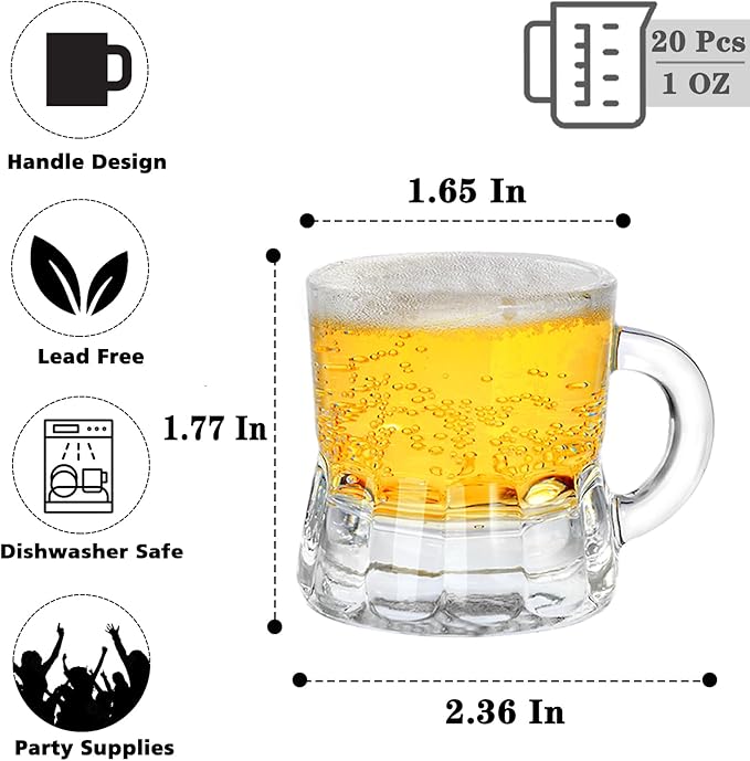 Mini Beer Mugs, 20 Pcs Real Glass Shot Glasses, 1 Oz Clear With Handles Heavy Base Stein Tasting Glasses for Whiskey, Tequila, Vodka