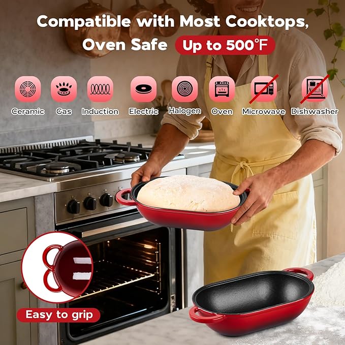 Onader Enameled Cast Iron Dutch Oven, 2.8QT Dutch Oven Pot with Lid for Sourdough Bread Baking, Oval Meatloaf Pan, Heavy Duty - Red