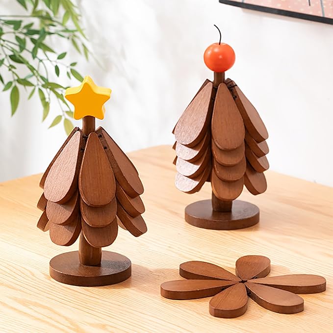 Wooden Trivets for Hot Dishes for RestaurantHot Dish Coaster with Tree-Shaped Wood Collapsible Hot Pad Trivet Tree(4 Piece-Walnut)