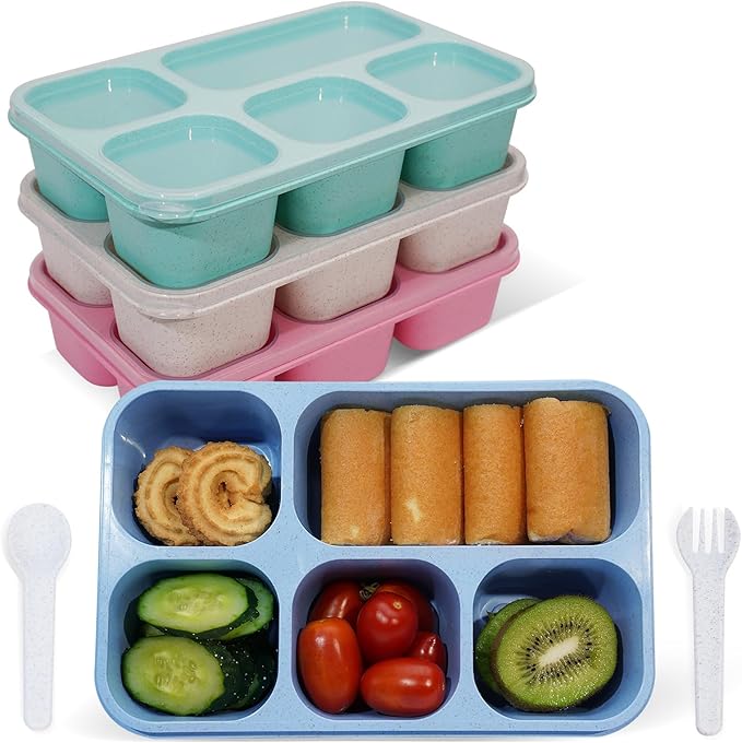 Bento Box Adult Lunch Box 4 Pack, 5 Compartment Snack Containers with Lids, Divided Food Storage Containers, Reusable Meal Kids Bento Lunch Boxes for School Home Travel