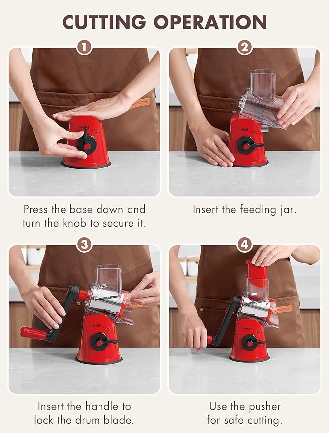 GDL Rotary Cheese Grater Hand Crank with 5 Interchangeable Blades - Upgraded Cheese Shredder Featuring Strong Suction Base for Cheese Shredding, Wavy Slicing, Nut Grinding, Ice Shaving
