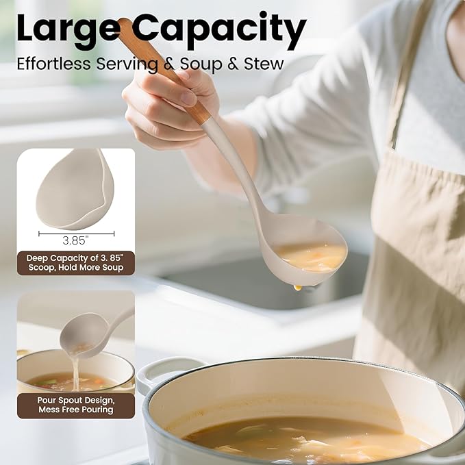 Silicone Soup Ladle Spoon, Kitchen Soup Cooking Spoons Set, Large Spaghetti spoon, Nonstick Pasta Spoon, Heat Resistant Pasta Fork for Serving Soup, Noodle, Sauce