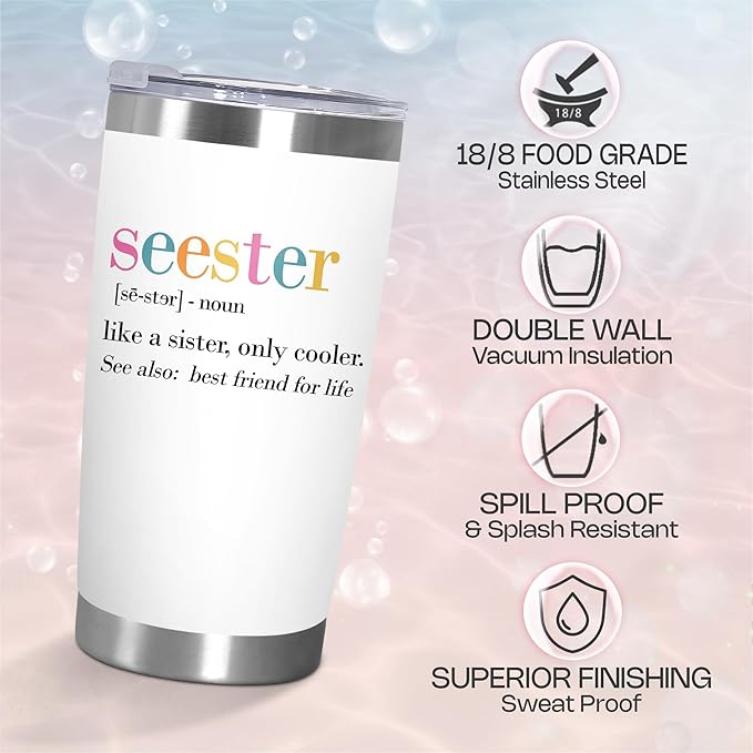 TEEZWONDER Christmas Sister Gifts for Women - Seester 20 oz Stainless Steel Insulated Coffee Tumbler with Lid - Big Sister Birthday Gifts for Girls, Graduation Gift for Her Women
