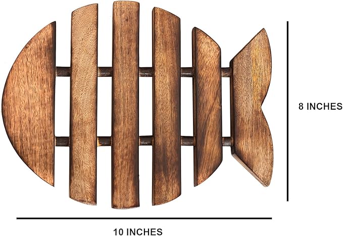 eTroves Wooden Trivet for Hot Dishes Pots and Pans Nonslip Wood Fish Shape Heat Resistant Tea Pot Holder | Farmhouse Kitchen Counter Top Decor, 10 Inch, Brown