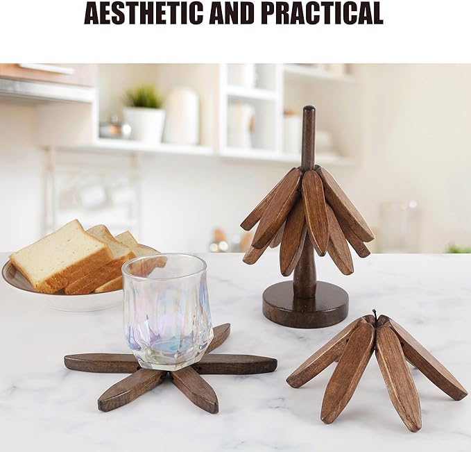 Wooden Trivets for Hot Dishes, Tree-Shaped Wooden Trivet Set, Includes 4 Trivets with Stand, Beech Wood (Walnut)