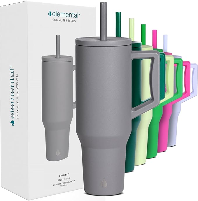 Elemental 40 oz Tumbler with Handle and Straw - Spill Proof Insulated Stainless Steel Commuter for Hot and Cold Beverages - Travel Coffee Mug with 2 Straws & Spill Proof Lid - 40oz - Graphite