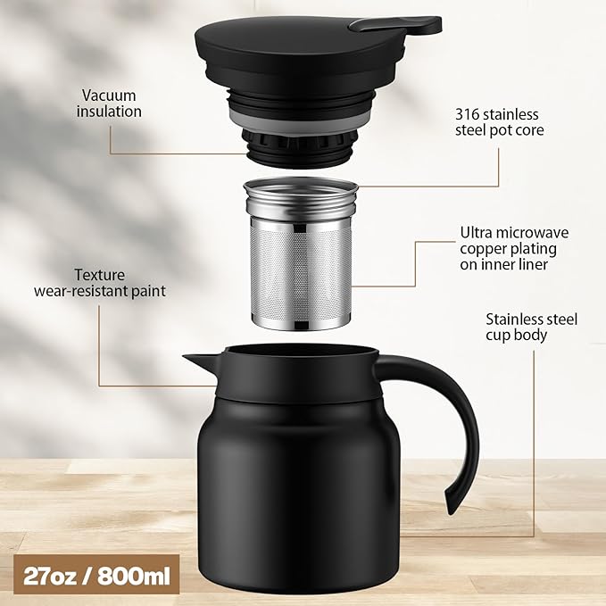 3 Pcs Thermal Coffee Carafe for Keeping Hot/Cold Stainless Steel Small Coffee Creamer Container Double Wall Vacuum Insulated Tea pot Beverage Dispenser for Milk Hot Chocolates(Black, 27 oz)