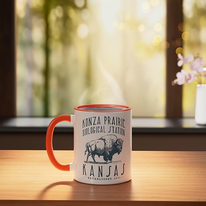 KONZA PRAIRIE, KANSAS. BISON DESIGN Ceramic Mug, Orange/White