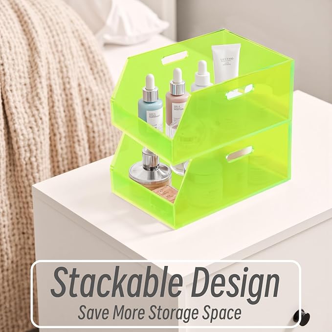 Gelite Stackable Storage Bin Organizer with Handles Acrylic Storage Container for Toy Pantry Kitchen Cabinet Bathroom Closet Office Organization, 11.4x7.5x5.1'', Neon Green
