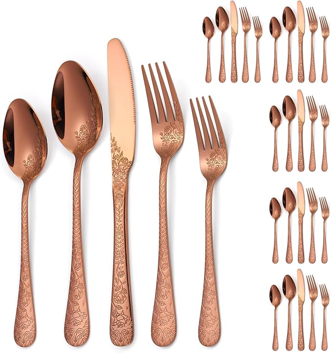Vintage Flatware Copper/Rose Gold Floral Silverware 30 Piece Stainless Steel Set for 6 Cutlery Utensils Unique Embossed Pattern Design Elegant Home Kitchen Restaurant Festival Parties…