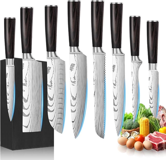 8-Piece Premium Japanese Kitchen Knife Set - Imperial Collection, Laser Damascus Pattern, 440A Stainless Steel Ultra Sharp for Fast Cutting (Redwood 8J)